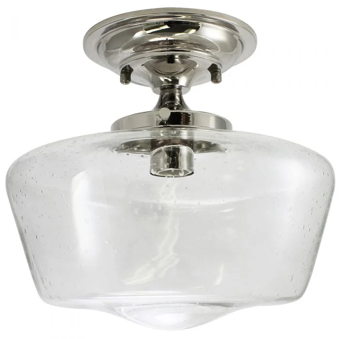 Nickel plated base Edison light bulbsSchoolhouse Polished Nickel Finish Fixture - Seedy Glass