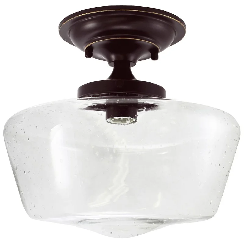 Edison light bulbs with antique finishSchoolhouse Bronze Finish Fixture - Seedy Glass