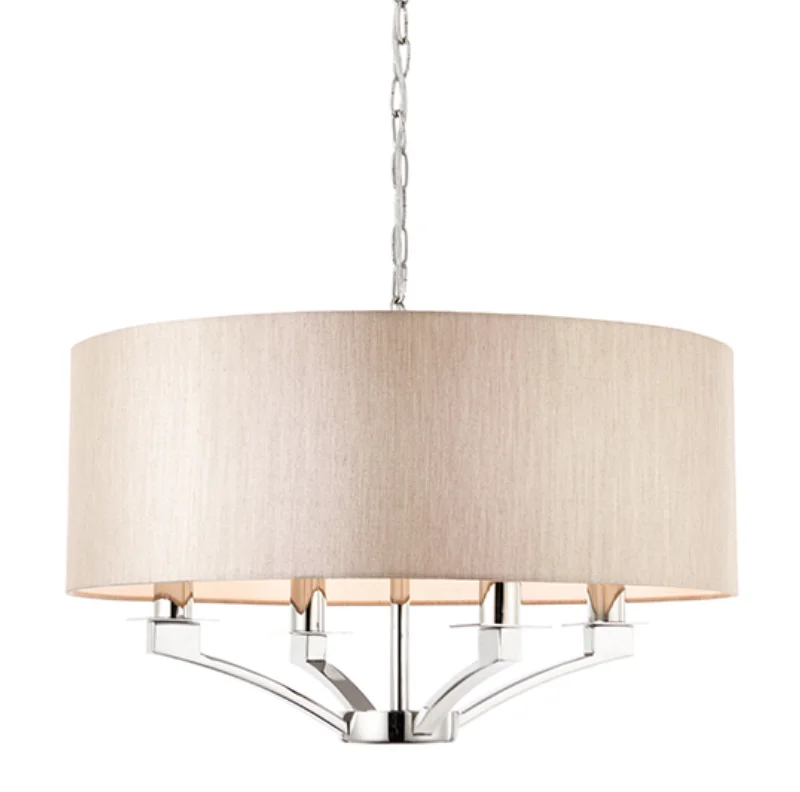 Victorian - Inspired Chandeliers with Ornate DetailsVictorian - Inspired Chandeliers with Ornate Details4 Light Polished Nickel Pendant With Beige Drum Shade - ID 10766