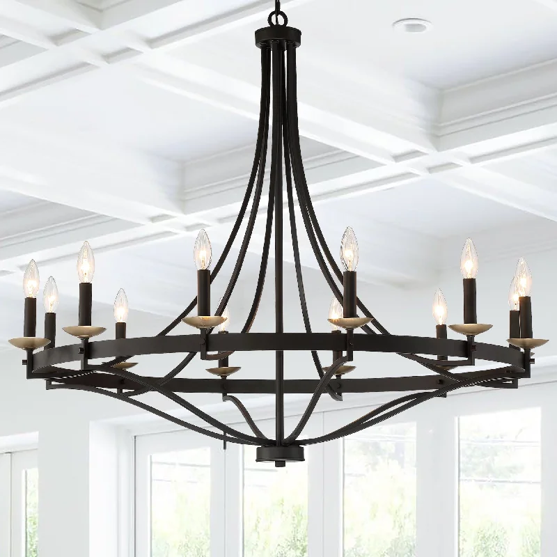 Chandeliers with Metal Frames in Black FinishChandeliers with Metal Frames in Black FinishFidenza 12-light Modern Farmhouse Empire Wagon Wheel Chandelier with UL - D40'' * H135''