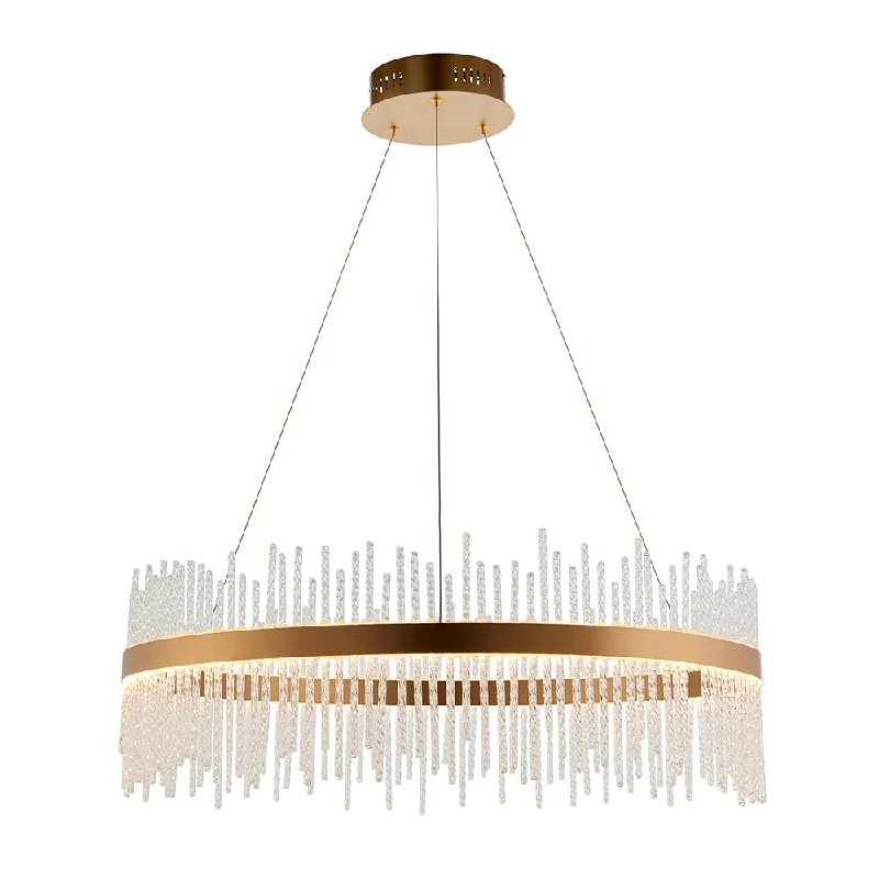 Chandeliers with Sputnik - Style Design for a Futuristic VibeChandeliers with Sputnik - Style Design for a Futuristic VibeHoop Pendant with Twisted Glass Rods & Brushed Gold Finish Metalwork - ID 11126