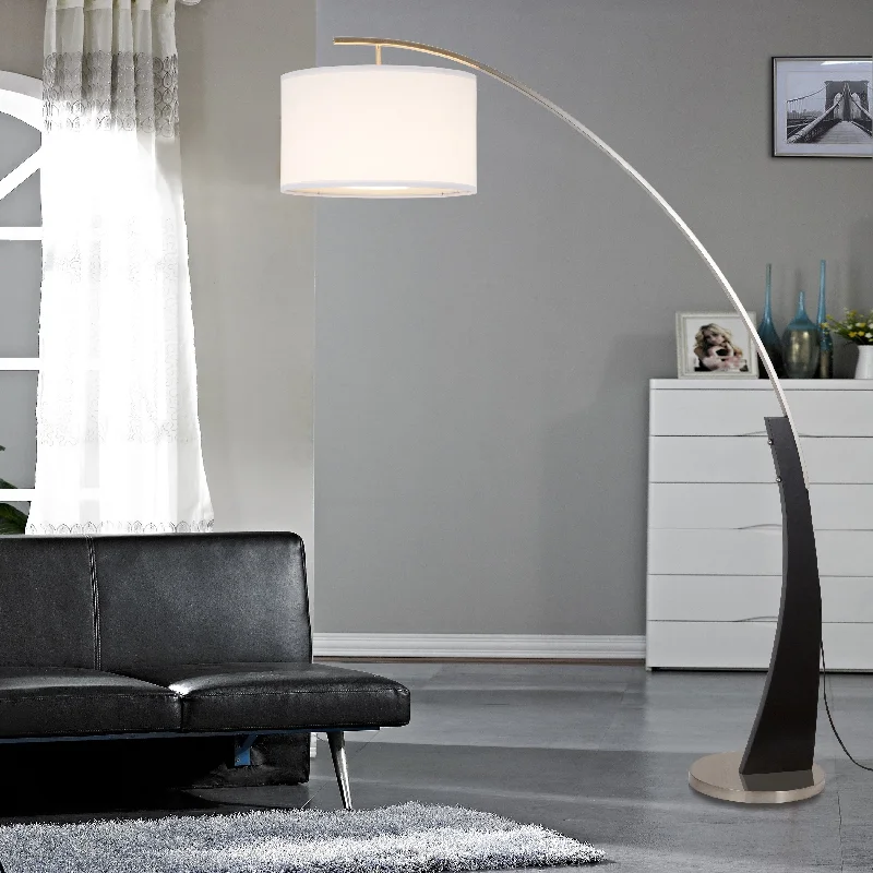 Wood Floor Lamp with Natural Grain for a Warm and Organic FeelQ-Max Arched Floor Lamp with Drum Shade and Unique Black Wood Pole Base with Metal Base