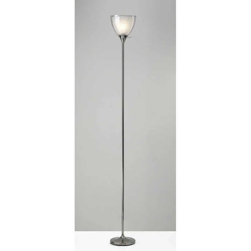 Glass Floor Lamp with Frosted Shades for Soft Diffused LightGlass Floor Lamp with Frosted Shades for Soft Diffused LightShiny Chrome Finish Metal Torchier with Frosted Inner Shade - 8" x 8" x 72"