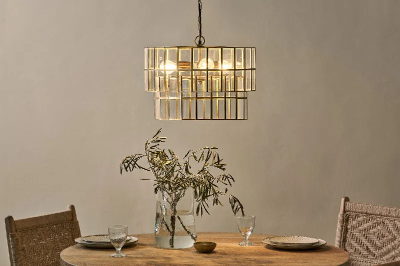 Industrial Style Ceiling Lights with Exposed Bulbs and Metal CagesGlass Chandeliers with Frosted GlassKirindi Glass Panelled Chandelier - Clear & Antique Brass