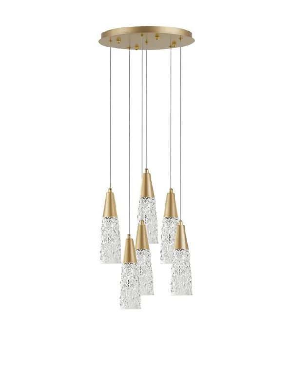 Scandinavian Style Ceiling Lights with Light Wood AccentsSilver Chandeliers for a Modern and Chic AppearanceKOV Clear Structured Glass & Brushed Gold Multi Drop Pendant - ID 10552