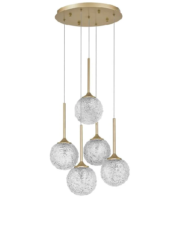 Metal Ceiling Lights in Brass, Copper, Stainless Steel, and IronVictorian - Inspired Chandeliers for Traditional HomesMIRA Clear Structured Glass & Brass Gold Steel 5 Light Multi Pendant - ID 10549