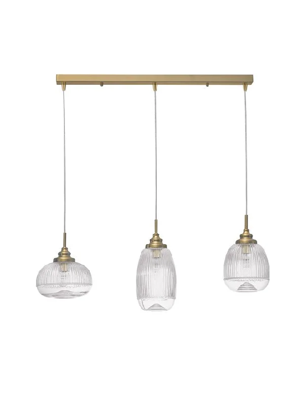 Metal Ceiling Lights in Brass, Copper, Stainless Steel, and IronChandeliers for Wedding Venues to Create a Magical AtmosphereMON Clear Lined Enclosed Glass & Gold Metal 3 Light Linear Bar Pendant - ID 10028