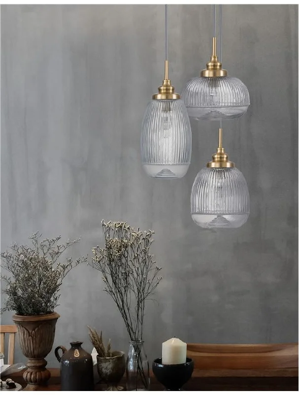 Japanese - Inspired Ceiling Lights with Shoji - Screen - like DiffusersSmart Chandeliers with Bluetooth ConnectivityMON Clear Lined Enclosed Glass & Gold Metal 3 Light Multi Pendant - ID 10027